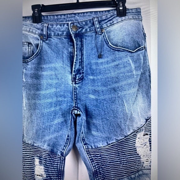 Y&R Men’s Blue Distressed Ribbed Knee Patched Jeans Size 34/32 New - Picture 8 of 11